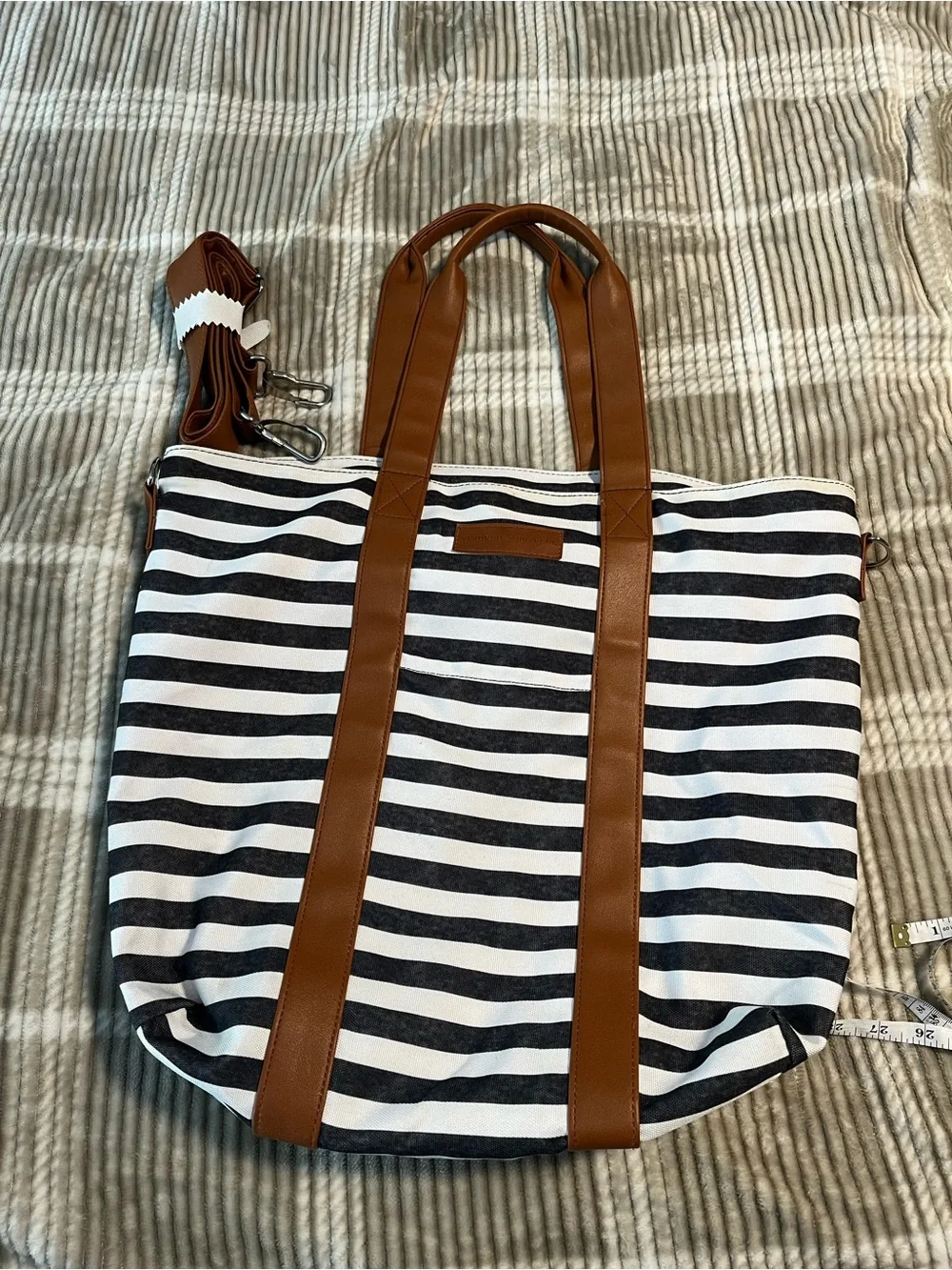 Kindred Bravely Black & White Striped Tote with Brown Accents